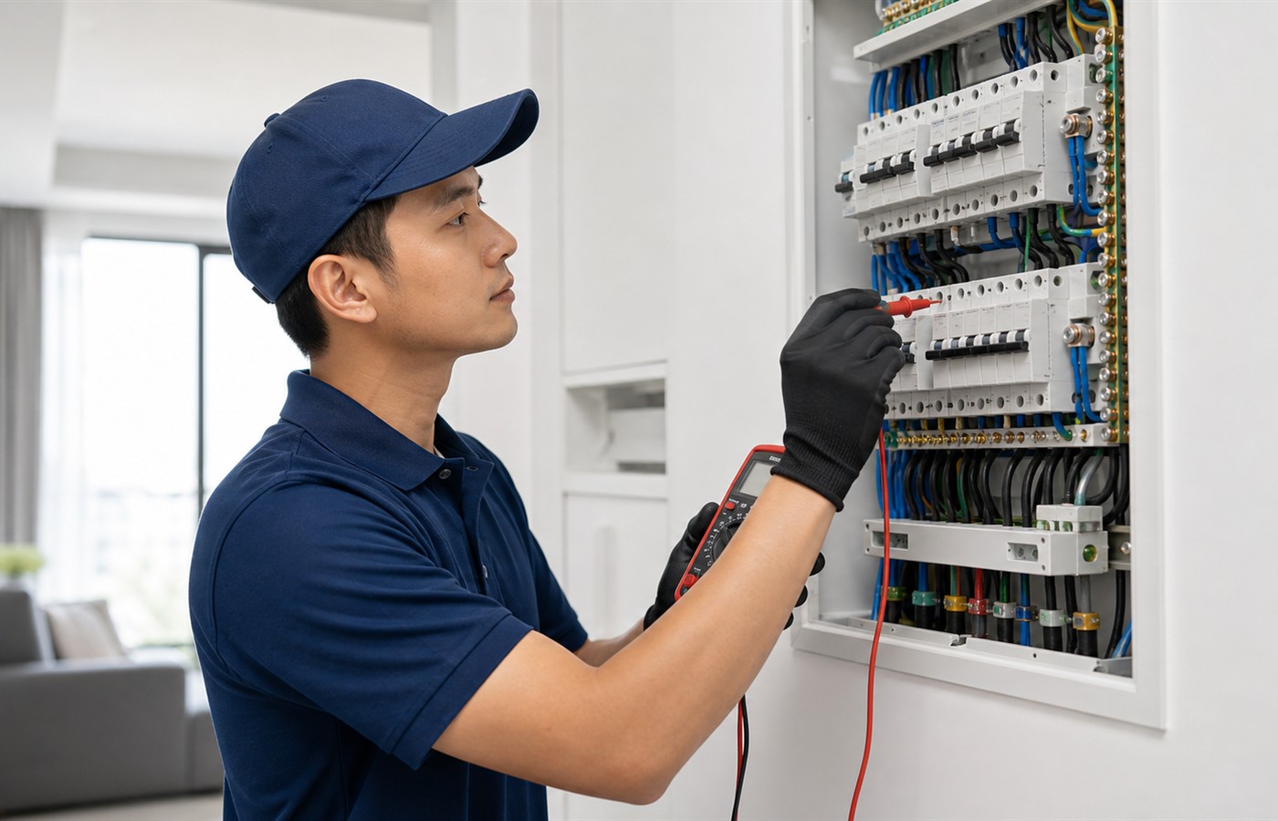 Technician inspecting an electrical distribution board